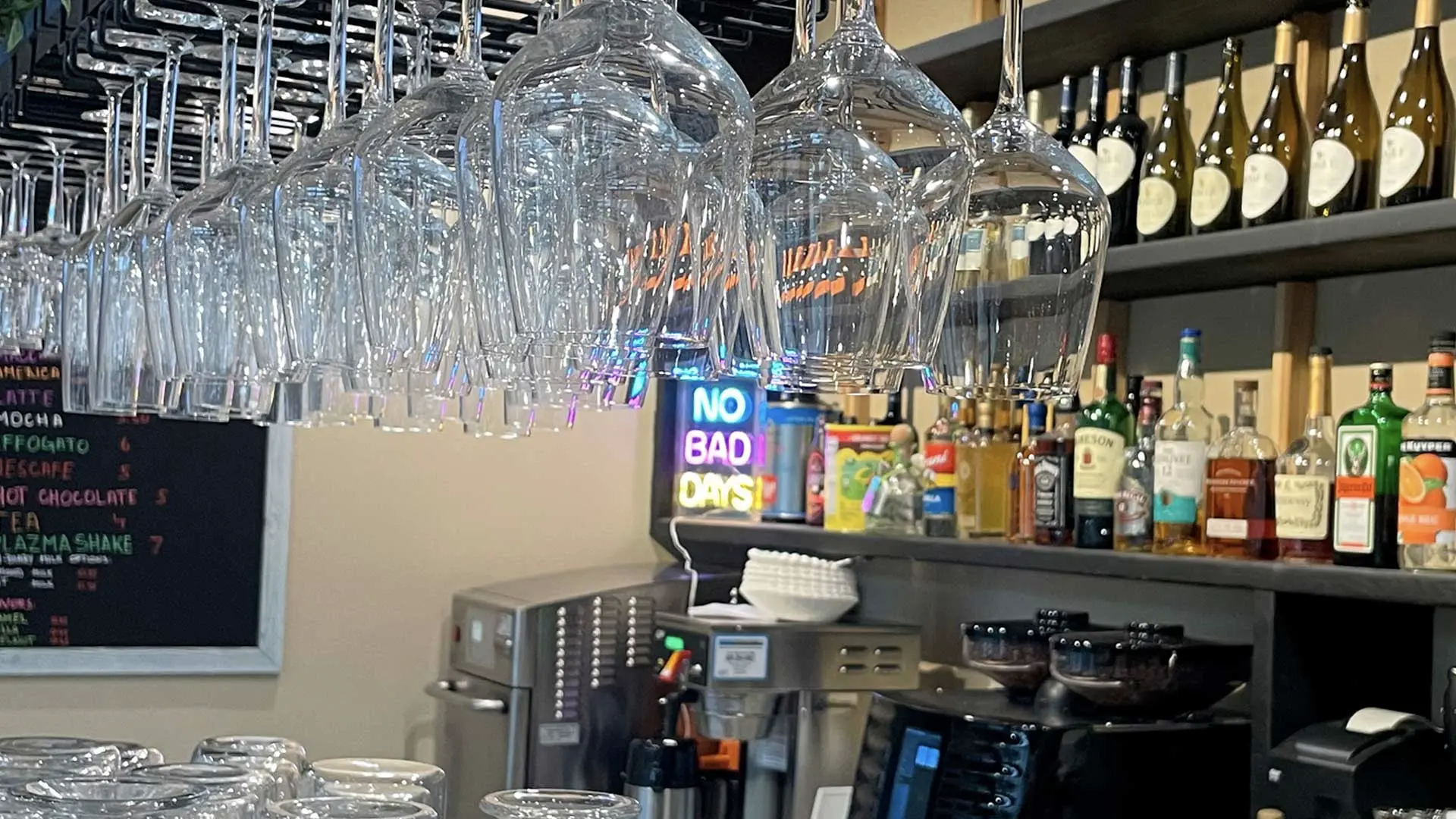 The bar and wine glasses at Café Korzo